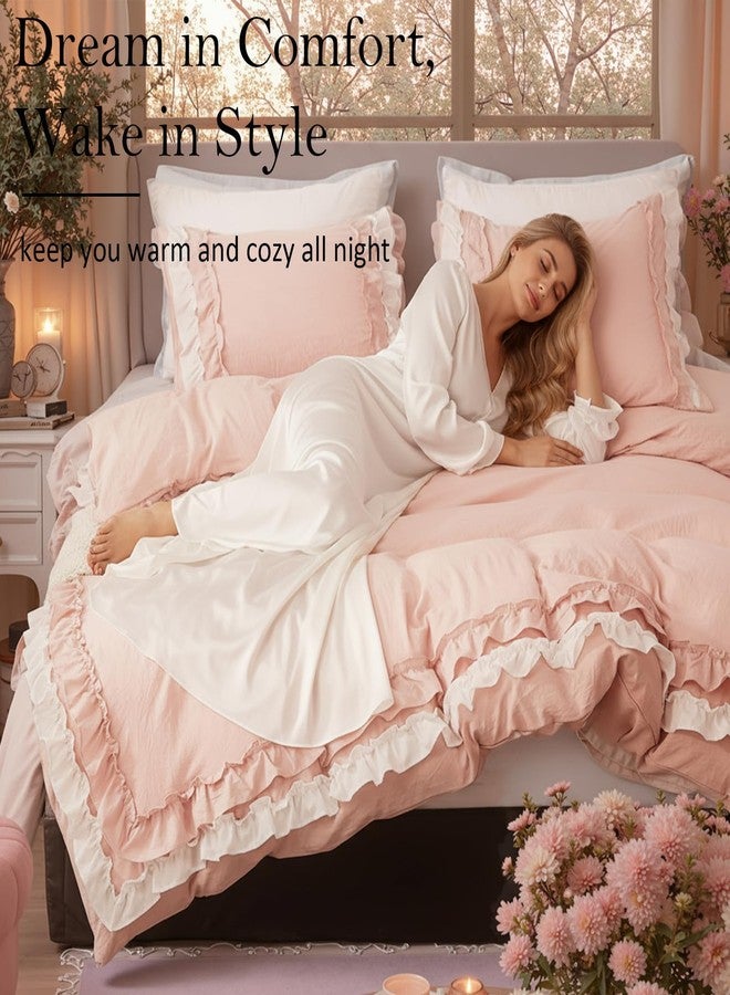 Bedorm Pink Duvet Cover Set King Ruffle Bedding Set Pleat Ruffled Shabby Chic Comforter Cover Extra Soft & Easy Care White Boho Duvet Cover with Zipper Closure - Image 3