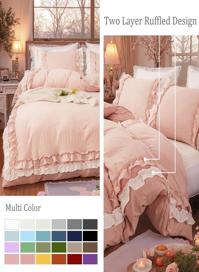 Bedorm Pink Duvet Cover Set King Ruffle Bedding Set Pleat Ruffled Shabby Chic Comforter Cover Extra Soft & Easy Care White Boho Duvet Cover with Zipper Closure - Image 5