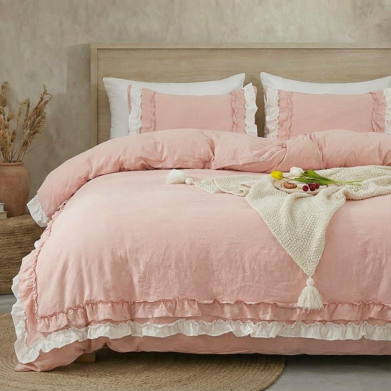 Bedorm Pink Duvet Cover Set King Ruffle Bedding Set Pleat Ruffled Shabby Chic Comforter Cover Extra Soft & Easy Care White Boho Duvet Cover with Zipper Closure - Image 1
