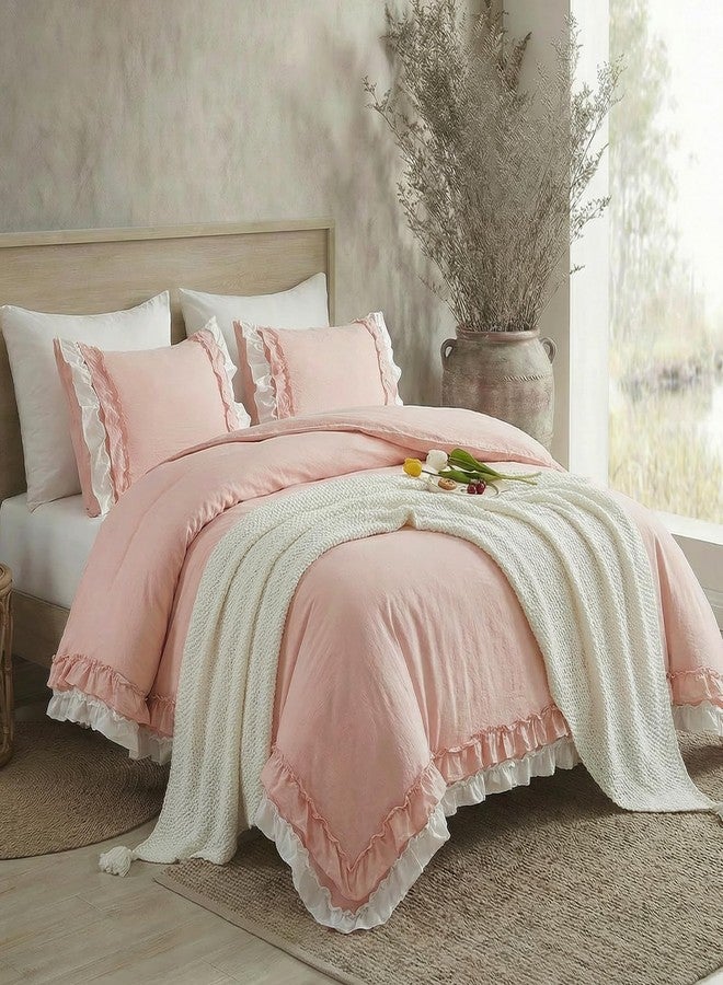 Bedorm Pink Duvet Cover Set King Ruffle Bedding Set Pleat Ruffled Shabby Chic Comforter Cover Extra Soft & Easy Care White Boho Duvet Cover with Zipper Closure - Image 2