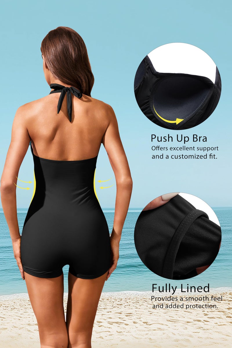Tempt Me Women Black Tummy Control One Piece Swimsuits with Shorts Boyleg Retro Bathing Suit Halter Swimwear M - Image 2