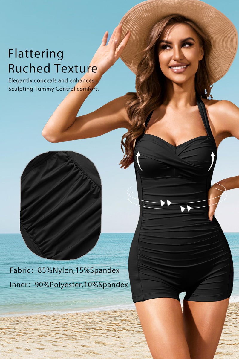 Tempt Me Women Black Tummy Control One Piece Swimsuits with Shorts Boyleg Retro Bathing Suit Halter Swimwear M - Image 4