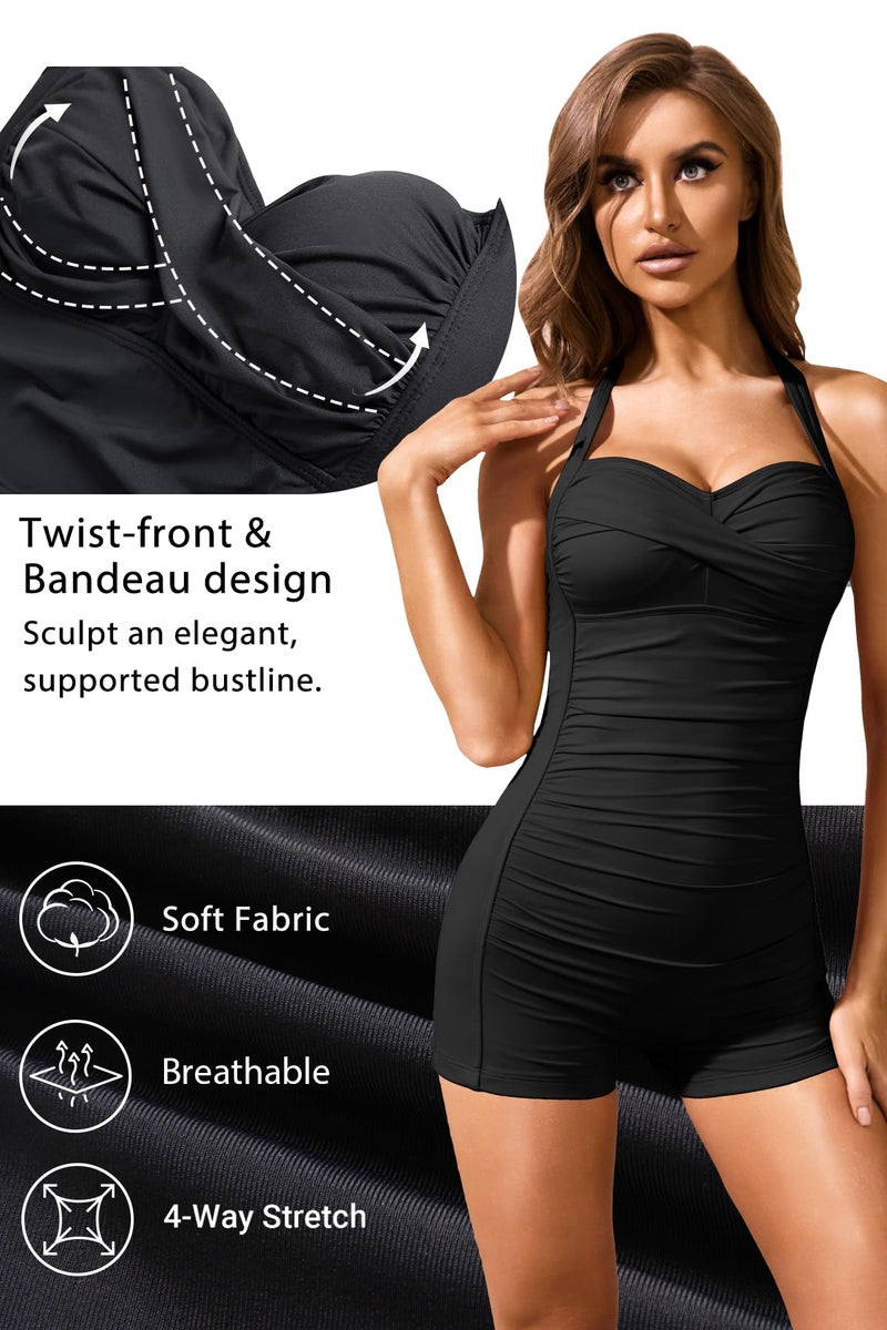 Tempt Me Women Black Tummy Control One Piece Swimsuits with Shorts Boyleg Retro Bathing Suit Halter Swimwear M - Image 5