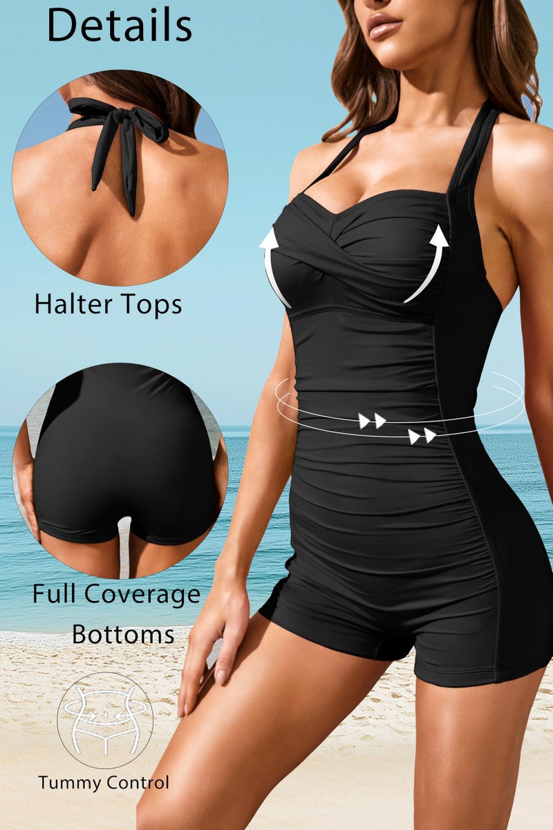 Tempt Me Women Black Tummy Control One Piece Swimsuits with Shorts Boyleg Retro Bathing Suit Halter Swimwear M - Image 3