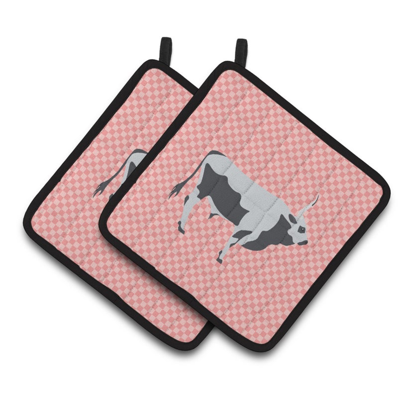 Caroline's Treasures ""Caroline's Treasures Hungarian Grey Steppe Cow Pink Check Decorated Pot Holder  7.5"""" x 7.5"""""" 