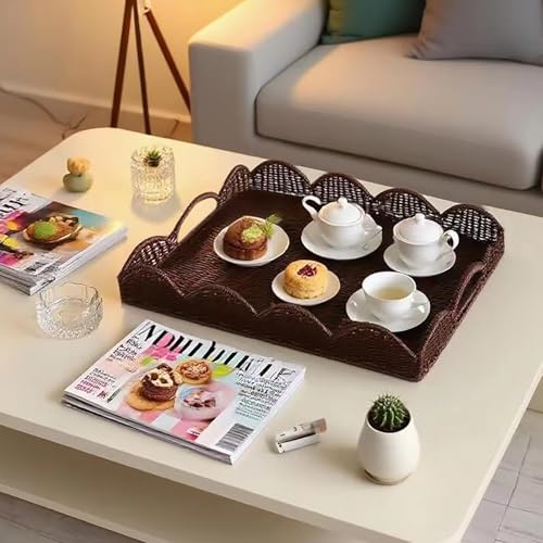 Quincry Scalloped Imitation Rattan Tray Basket,17"*13" Super Hard Rectangle Hand Woven Wicker Serving Trays with Handles, Seagrass Decoratve Trays for Coffee Table (Brown&Plastic-Dark) - Image 5