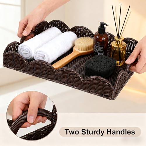 Quincry Scalloped Imitation Rattan Tray Basket,17"*13" Super Hard Rectangle Hand Woven Wicker Serving Trays with Handles, Seagrass Decoratve Trays for Coffee Table (Brown&Plastic-Dark) - Image 2