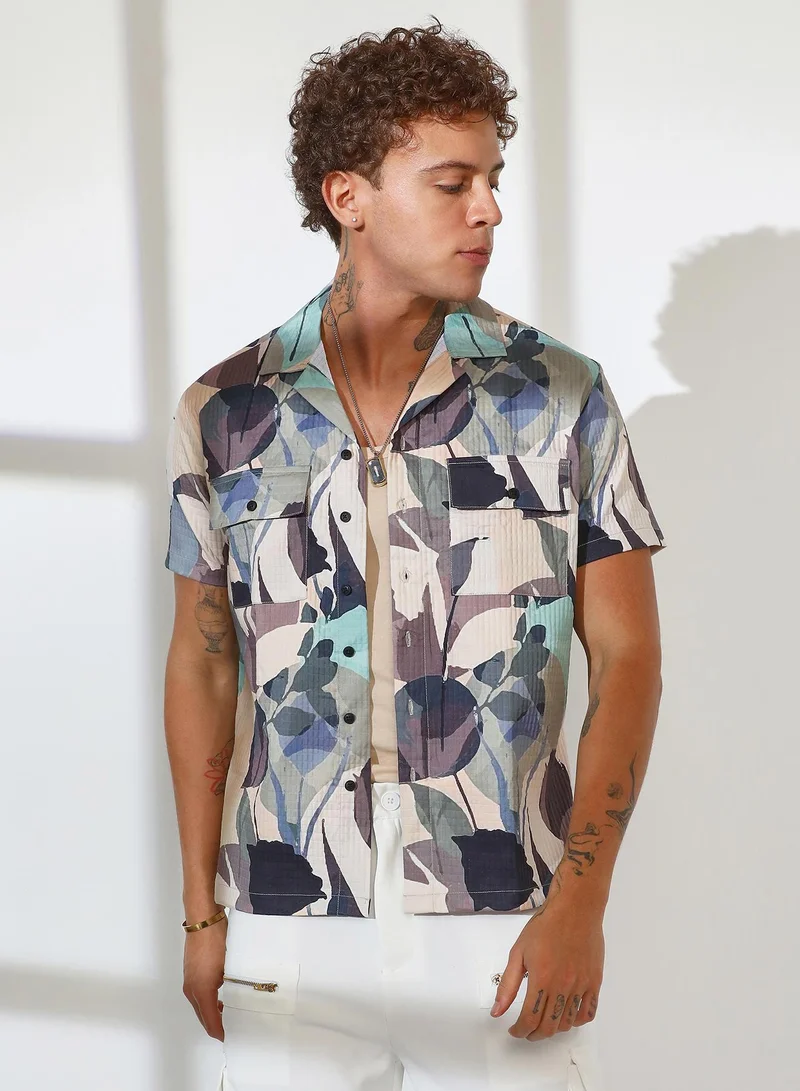 Campus Sutra Campus Sutra Men's Multicolour Artistic Bloom Oversized Shirt For Casual Wear | Cuban Collar | Short Sleeve | Button Closure | Oversized Shirt Crafted With Comfort Fit For Everyday Wear