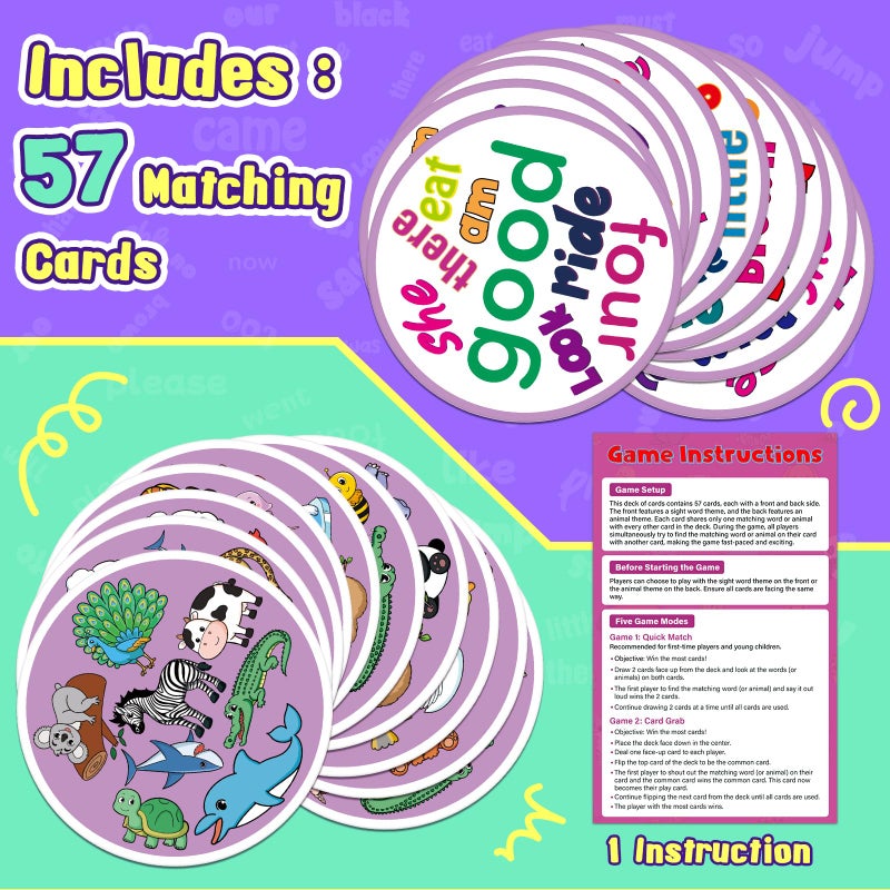 Edulok Memory Card Game, Kids Sight Word Piles Card Games, Animal Table Match Game for Toddlers, Indoor Recess Family Games, Preschool Classroom Reading Games, Homeschool Supplies - Image 5