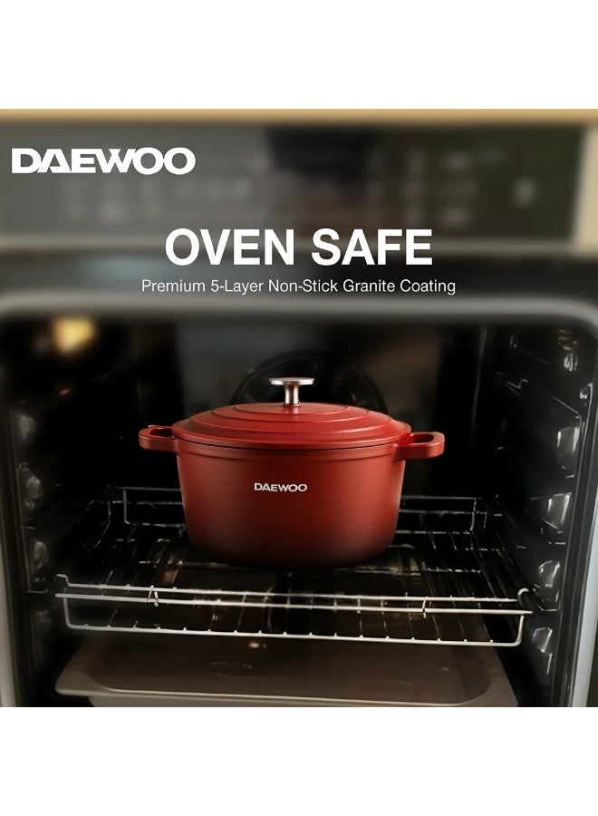 Daewoo 32cm Die-Cast Aluminum Casserole Pot with Lid, Non-Stick Granite Stone Coating, Full Induction Base, Oven-Safe, Red, Chemical-Free - Image 4