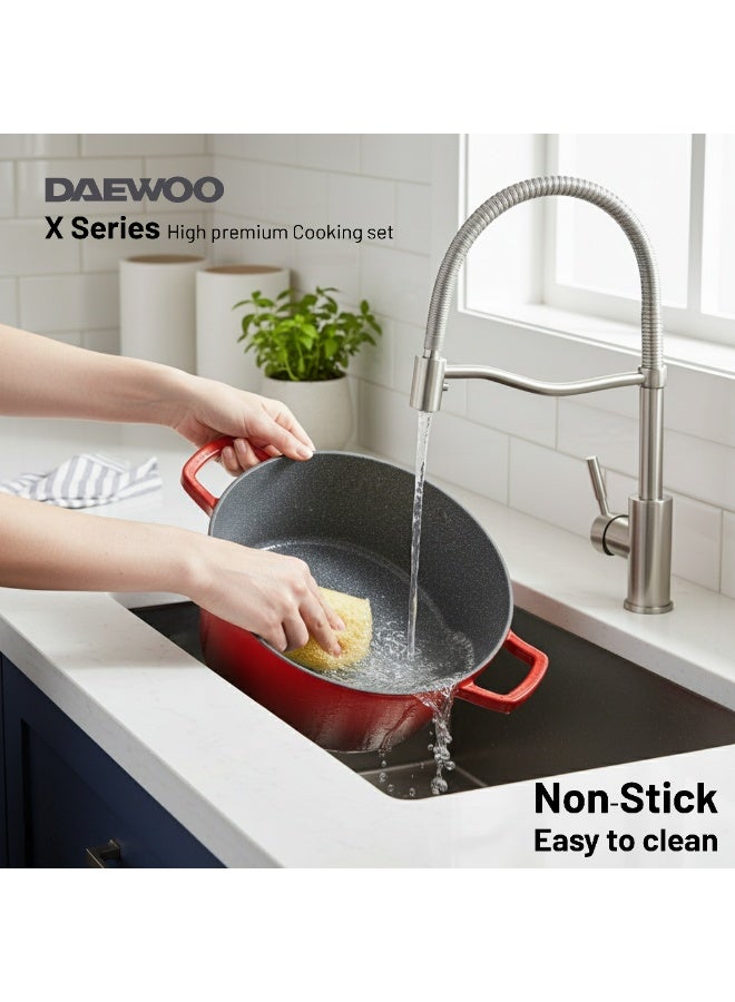 Daewoo 32cm Die-Cast Aluminum Casserole Pot with Lid, Non-Stick Granite Stone Coating, Full Induction Base, Oven-Safe, Red, Chemical-Free - Image 2