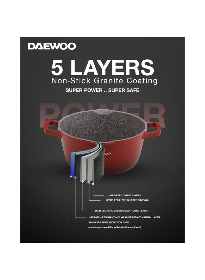 Daewoo 32cm Die-Cast Aluminum Casserole Pot with Lid, Non-Stick Granite Stone Coating, Full Induction Base, Oven-Safe, Red, Chemical-Free - Image 5