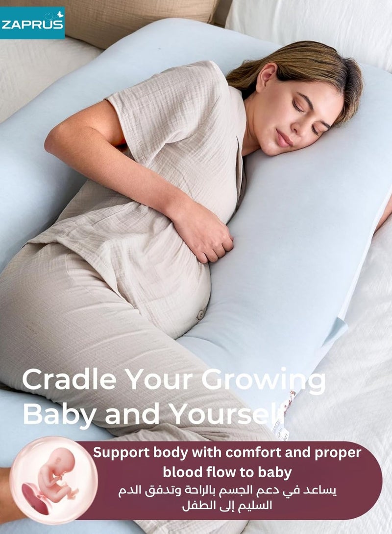 زابروس وسادة الحمل بشكل U من Zaprus – وسادة للجسم بالكامل بحشوة ميموري فوم، غطاء داخلي للحماية وغطاء خارجي ملوّن فاخر – دعم للظهر والبطن والرأس والوركين والساقين – نوم مريح خلال الحمل - Image 3