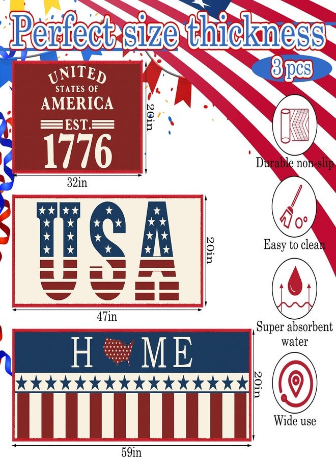 Tinideya 3 Pcs 4th of July Patriotic Kitchen Mat and Rugs Sets Non Slip Red White Blue Floor Mat Washable USA Flag Doormat 250th Anniversary Independence Day Decor forIndoor Front Door Entrance Decor - Image 2