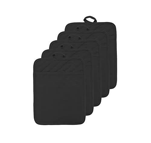 VEIKERY Oven Pot Holder with Pocket Cotton Heat Resistant Coaster Potholder Kitchen Hot Pad Oven Mitts for Cooking Square 7x9Set of 5 Black