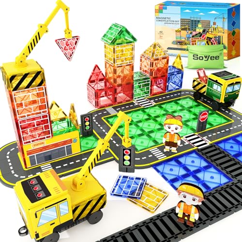 Soyee 102 PCS Magnetic Tiles with 2 Cars 2 Cranes Magnet Construction Building Kids Toys for Creative Play and STEM Learning Boys Toys Gifts for 312 - Image 1