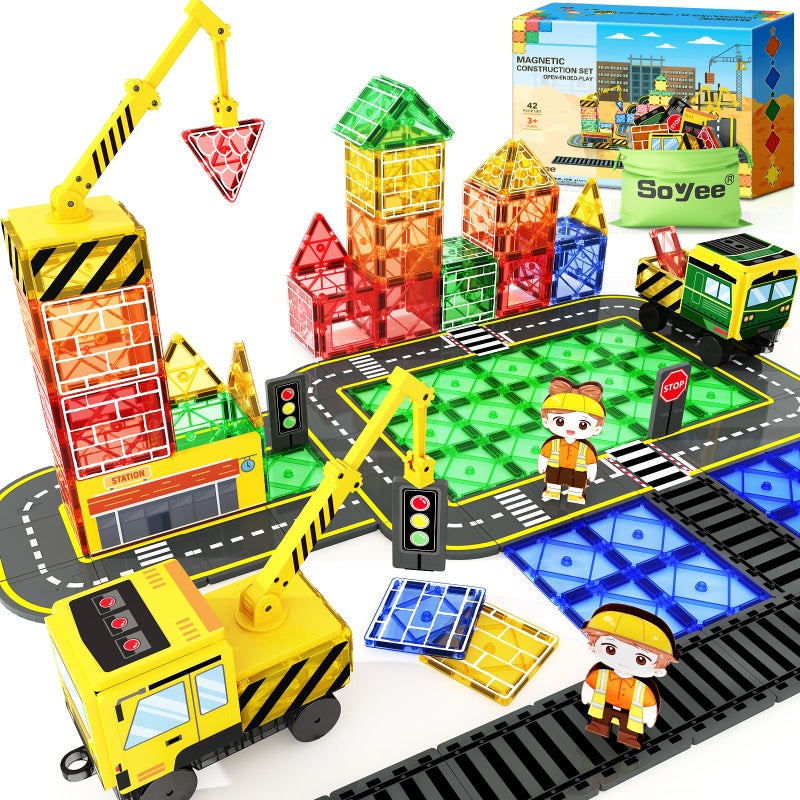 Soyee 102 PCS Magnetic Tiles with 2 Cars 2 Cranes Magnet Construction Building Kids Toys for Creative Play and STEM Learning Boys Toys Gifts for 312 - Image 2