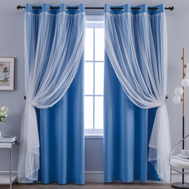 Anytime Home Curtains Blackout and Sheer Layered Solid Window Curtain Panel Pair with Grommet Top, 52Wx63L, Blue - Image 1