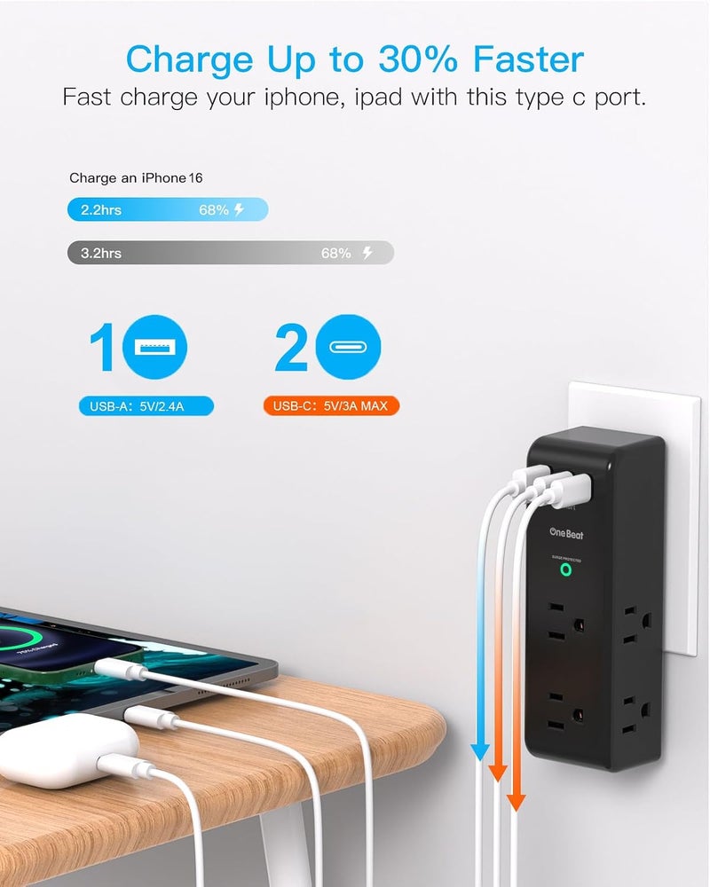 One Beat Surge Protector Outlet Extender with Rotating Plug, 6 AC Multi Plug Outlet with 3 USB Ports (2 USB C), 1800J Wall Charger Swivel Power Adapter with Spaced Outlet Splitter for Home Office Dorm, Black - Image 4