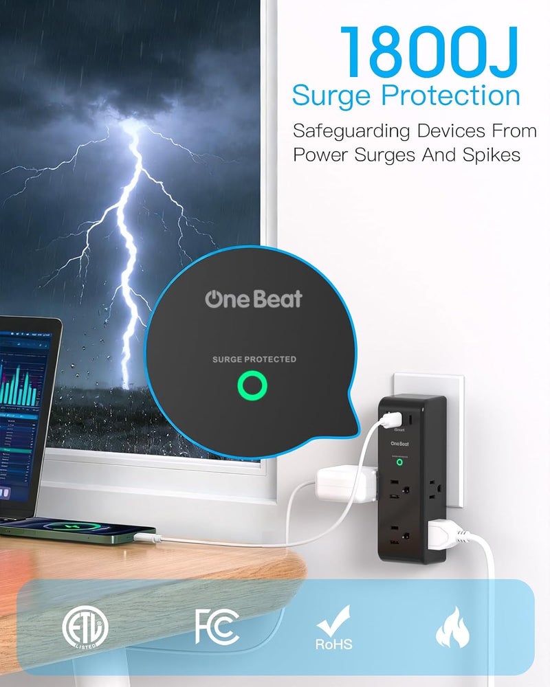 One Beat Surge Protector Outlet Extender with Rotating Plug, 6 AC Multi Plug Outlet with 3 USB Ports (2 USB C), 1800J Wall Charger Swivel Power Adapter with Spaced Outlet Splitter for Home Office Dorm, Black - Image 5