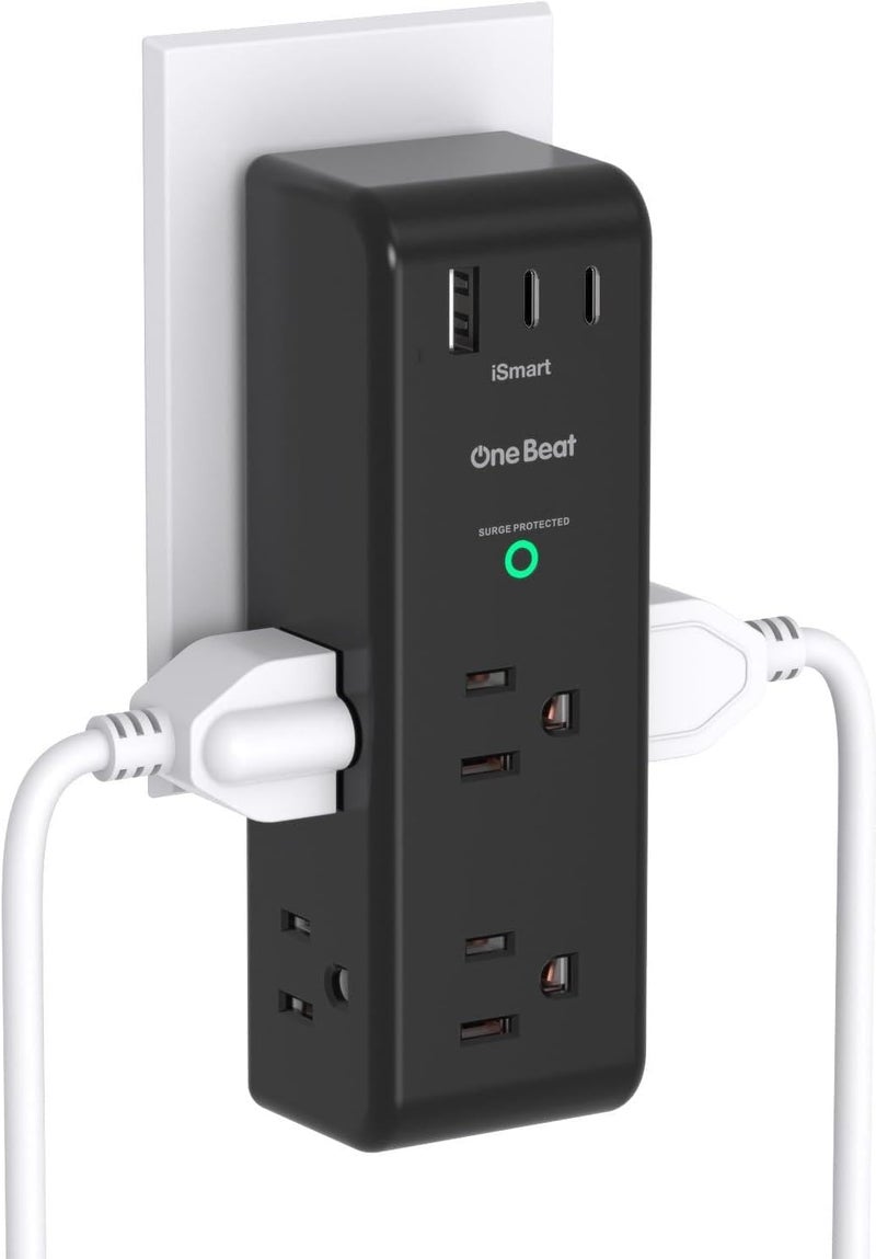 One Beat Surge Protector Outlet Extender with Rotating Plug, 6 AC Multi Plug Outlet with 3 USB Ports (2 USB C), 1800J Wall Charger Swivel Power Adapter with Spaced Outlet Splitter for Home Office Dorm, Black - Image 1