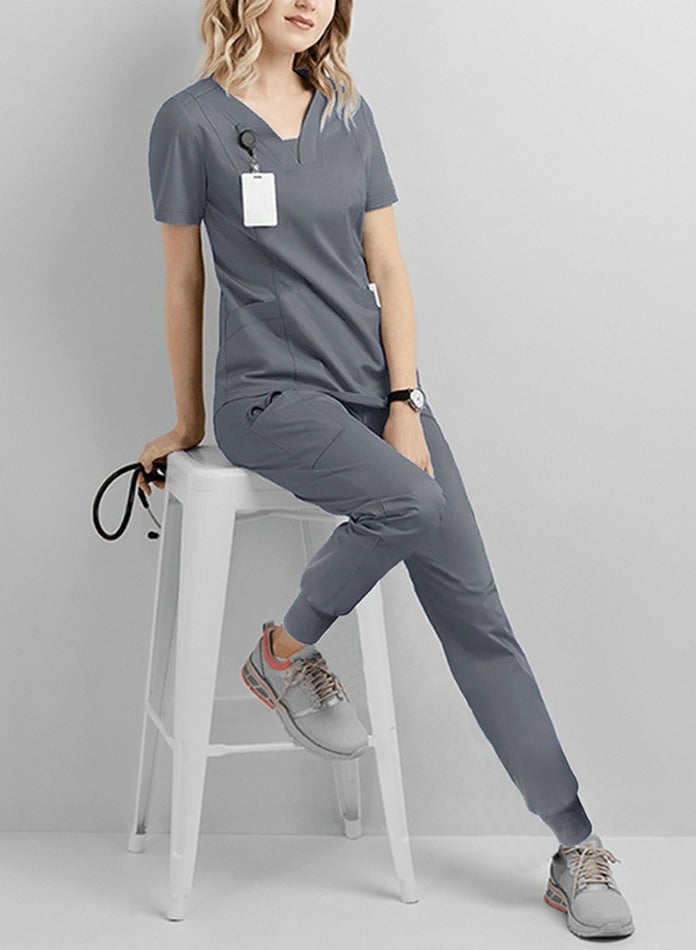 Loquat Solid Color Medical Uniform Scrubs Set Medical Scrubs 2 Piece Set Top and Pants Suit Grey