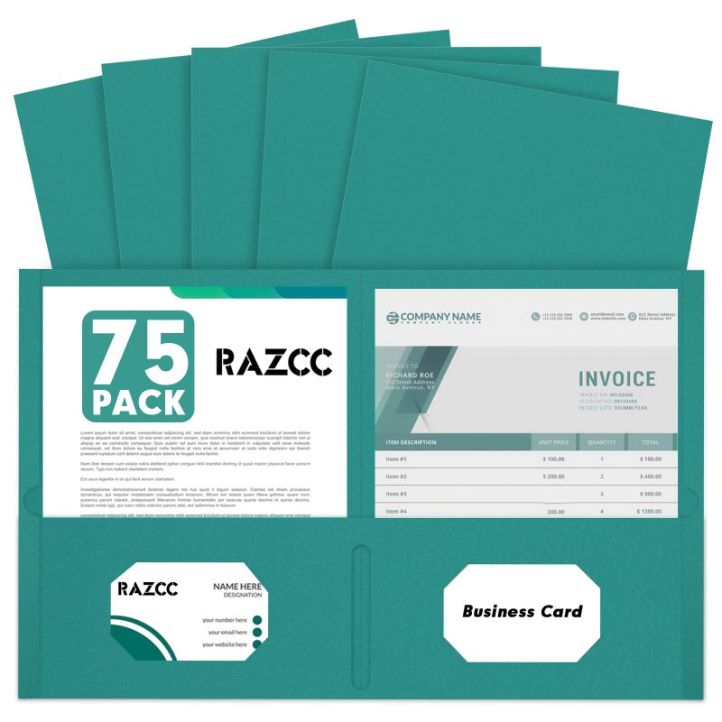 RAZCC Two Pocket Folders, RAZCC 75 Pack 2 Pocket Folders Fit Letter Size Paper, Paper Folders with Pockets for School Office Business Home (Turquoise) - Image 1