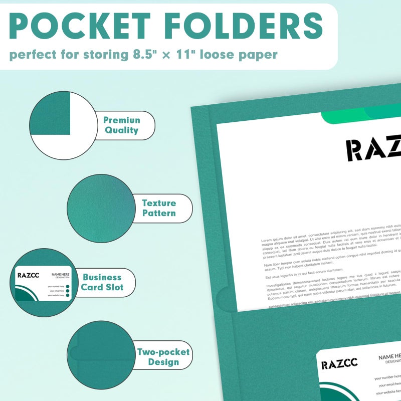 RAZCC Two Pocket Folders, RAZCC 75 Pack 2 Pocket Folders Fit Letter Size Paper, Paper Folders with Pockets for School Office Business Home (Turquoise) - Image 3
