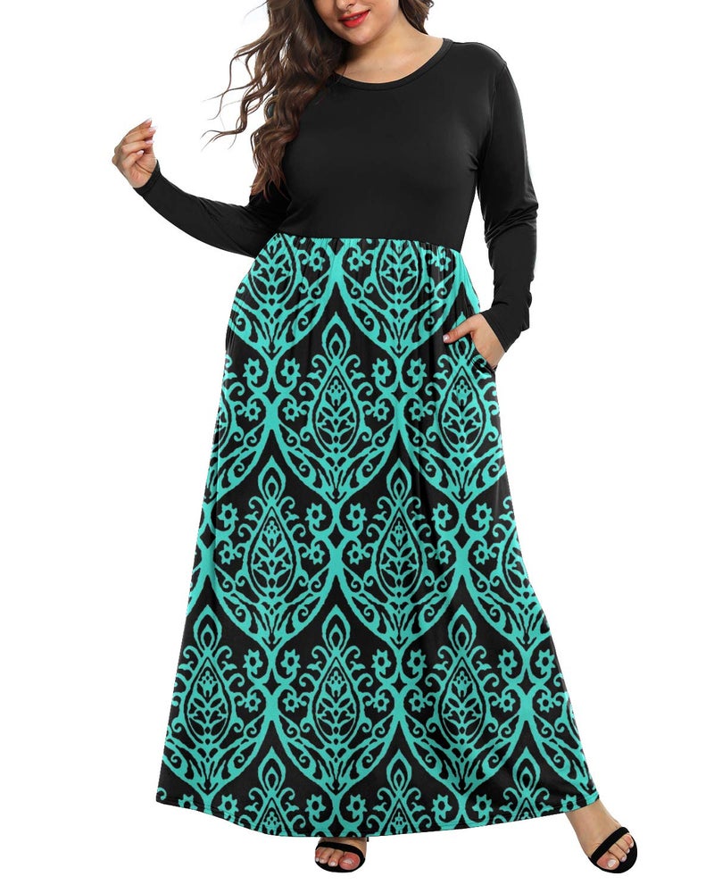 KARALIN Women's Plus Size Maxi Dresses for Curvy Women Long Sleeve Casual Dress Black Green 14W - Image 5