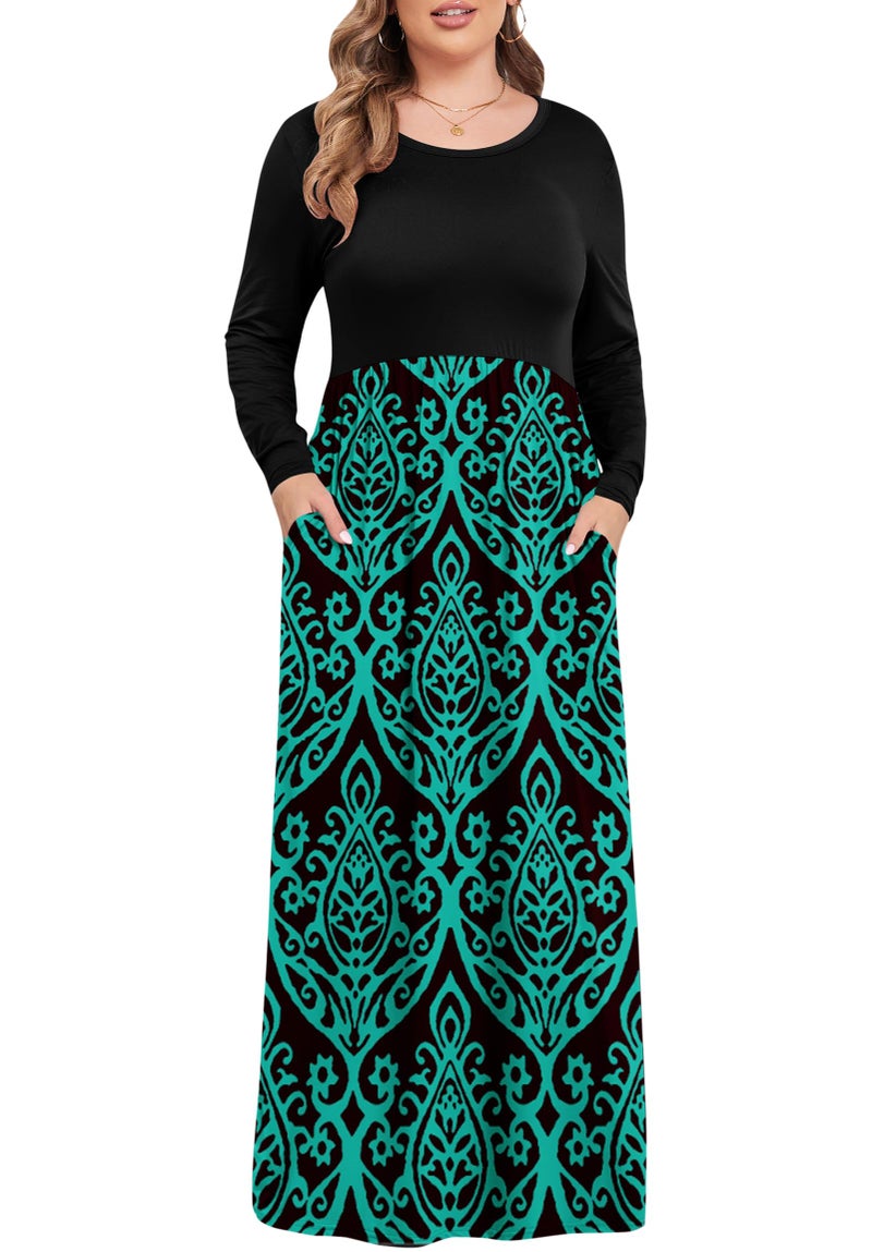 KARALIN Women's Plus Size Maxi Dresses for Curvy Women Long Sleeve Casual Dress Black Green 14W - Image 4