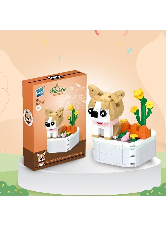 طقم مكعبات بناء على شكل كلب كورجي لطيف – نموذج DIY مع زهور وإكسسوارات – لعبة تعليمية للأطفال 6+ - Image 1
