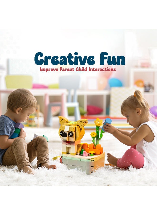 طقم مكعبات بناء على شكل كلب كورجي لطيف – نموذج DIY مع زهور وإكسسوارات – لعبة تعليمية للأطفال 6+ - Image 4