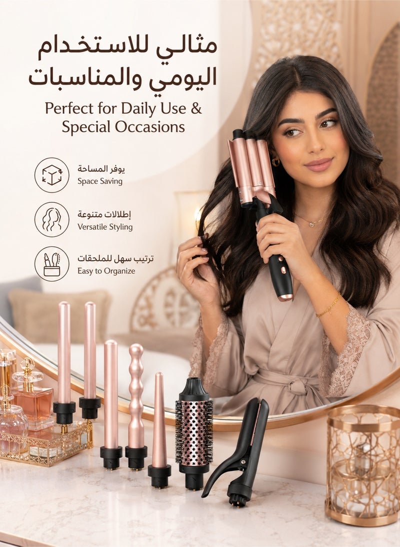 واميت مع رؤوس تجعيد قابلة للتبديل، فرشاة هوائية ومكواة فرد شعر، تسخين سريع 1 في 8طقم تصفيف شعر احترافي لتصفيف الشعر الطويل والقصير، لون أسود وروز جولد للاستخدام المنزلي والسفر - Image 5