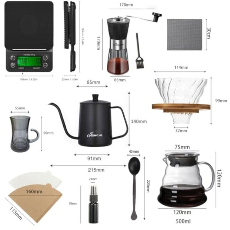 طقم قهوة V60، عبوة من 10 قطع، مجموعة أدوات لصنع القهوة بالتقطير، حقيبة حمل محمولة، جهاز قهوة بالتقطير مع غلاية زجاجية، طاحونة قهوة يدوية، مرشح، ميزان، مصفاة زجاجية، مصفاة قطرات، ورق مرشح - Image 2