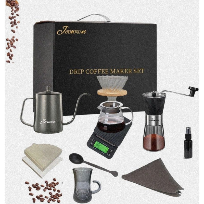 طقم قهوة V60، عبوة من 10 قطع، مجموعة أدوات لصنع القهوة بالتقطير، حقيبة حمل محمولة، جهاز قهوة بالتقطير مع غلاية زجاجية، طاحونة قهوة يدوية، مرشح، ميزان، مصفاة زجاجية، مصفاة قطرات، ورق مرشح - Image 1