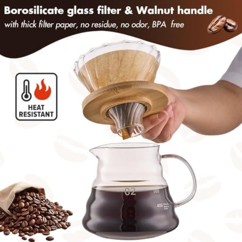 طقم قهوة V60، عبوة من 10 قطع، مجموعة أدوات لصنع القهوة بالتقطير، حقيبة حمل محمولة، جهاز قهوة بالتقطير مع غلاية زجاجية، طاحونة قهوة يدوية، مرشح، ميزان، مصفاة زجاجية، مصفاة قطرات، ورق مرشح - Image 4