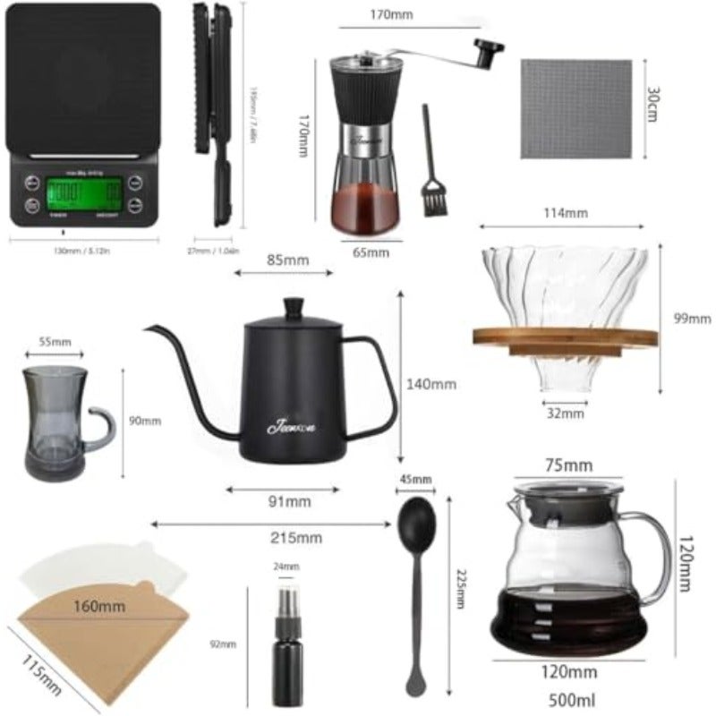 طقم قهوة V60، عبوة من 10 قطع، مجموعة أدوات لصنع القهوة بالتقطير، حقيبة حمل محمولة، جهاز قهوة بالتقطير مع غلاية زجاجية، طاحونة قهوة يدوية، مرشح، ميزان، مصفاة زجاجية، مصفاة قطرات، ورق مرشح - Image 3