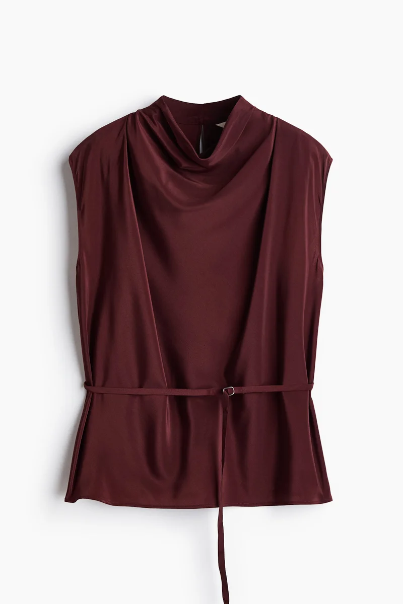 Belted cowl-neck top