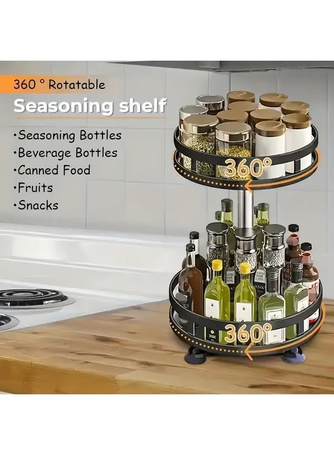Black Double Layer Reinforcement Rotating Kitchen Organizer Space Saving Multi Tier Storage Adjustable Height No Installation Needed Non Slip For Spices Jars Bottles Modern Iron Accessory - Image 3