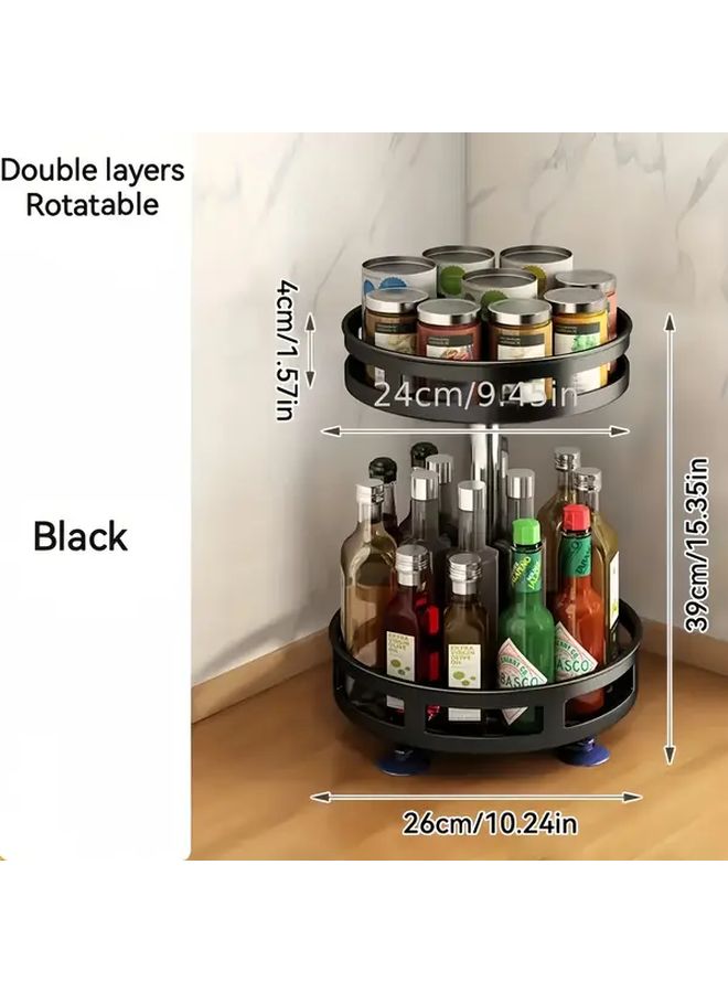 Black Double Layer Reinforcement Rotating Kitchen Organizer Space Saving Multi Tier Storage Adjustable Height No Installation Needed Non Slip For Spices Jars Bottles Modern Iron Accessory - Image 2