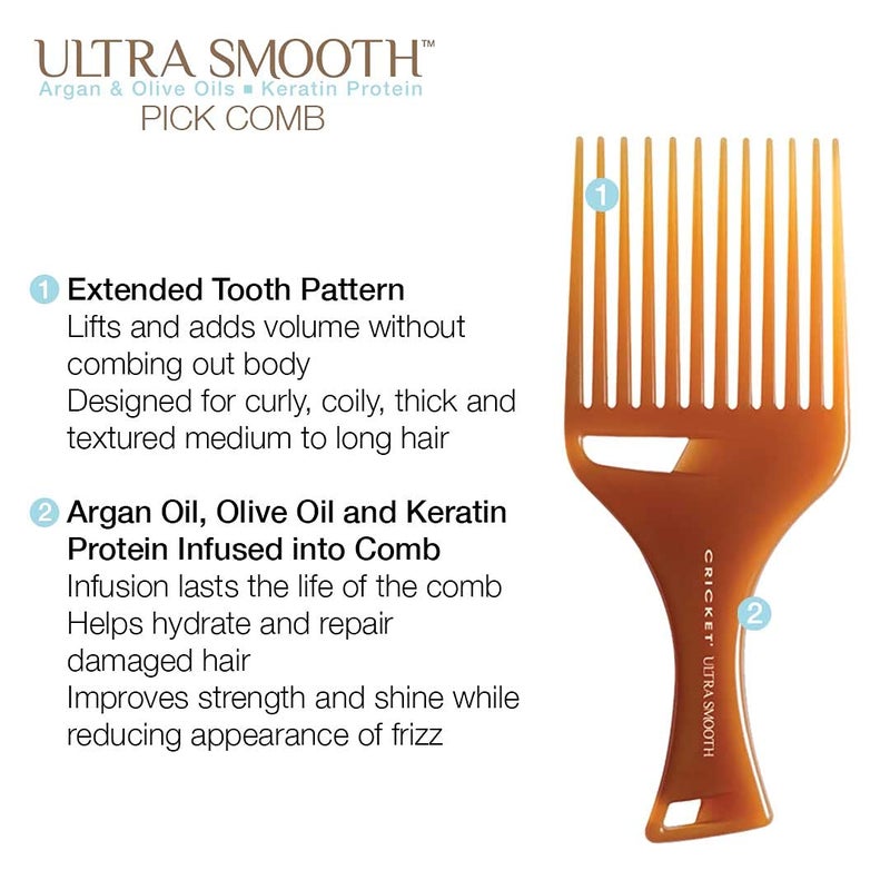 Cricket Ultra Smooth Hair Pick Comb for Volumizing, Detangling, and Reducing Frizz - Enriched with Argan, Olive Oil, and Keratin Infused, Ideal for Curly, Thick, and Long Hair - Image 2
