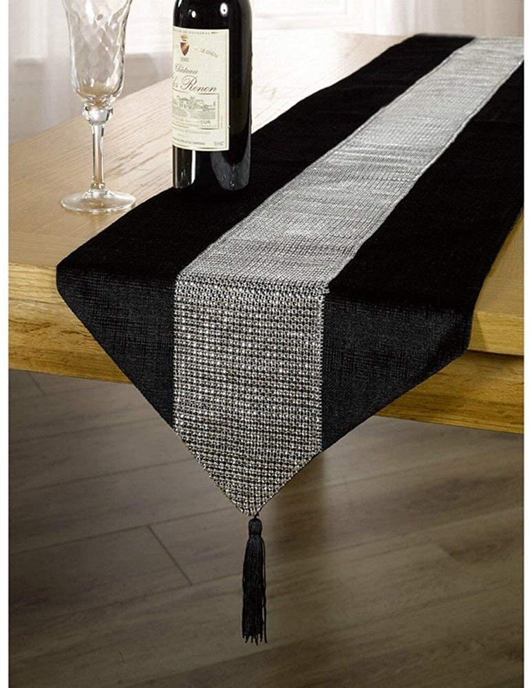 OZXCHIXU 13inch x 72inch Table Runner with Diamante Strip and TasselsBlack