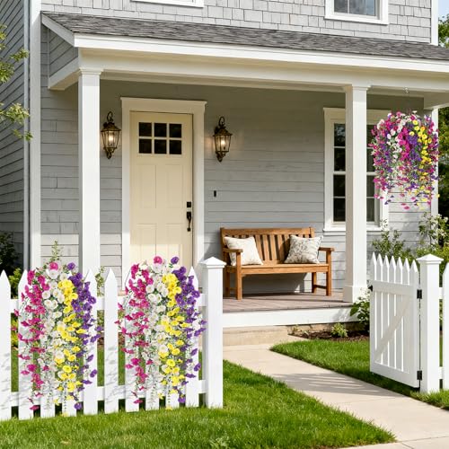 Hrobek Artificial Hanging Petunias Flowers for Outdoor 8pcs Fake Plants Long Vine Morning Glory Eucalyptus UV Resistant Realistic Faux Greenery Outside Patio Porch Garden Spring Summer Decor Mix Color - Image 3