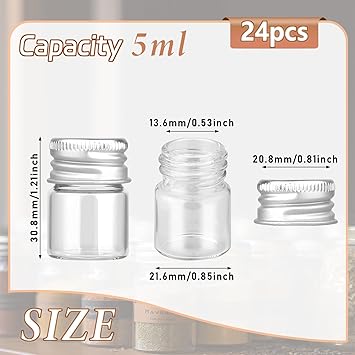 salbsever 24PCS 5ml Mini Glass Bottles with Screw Caps Empty Transparent Glass Bottles Refillable Cosmetics Container Bottle Small Jars with Lids for DIY Storage Art Craft Decor Makeup Sample Chemicals - Image 2