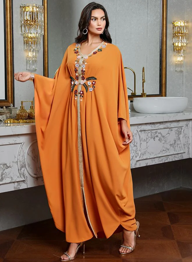 Take Two Women's Embroidery Detail Rhinestone Embellished Golden Trim Long Sleeve Jalabiya