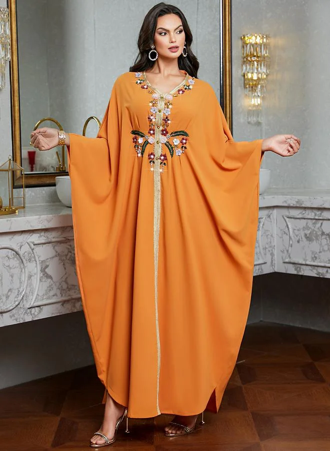 Take Two Women's Embroidery Detail Rhinestone Embellished Golden Trim Long Sleeve Jalabiya