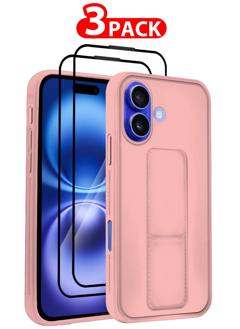 CATANES - ( for iPhone 16 ) 3 Pack, 1 Case and 2 Screen Protectors Premium PU Leather Case with Stand Function Shockproof and Anti Scratch Finger Grip Case Cover / Pink - Image 1