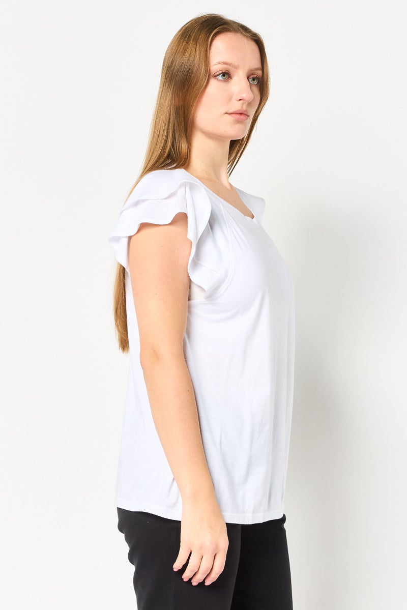 GAP Women Crew Neck Solid Flutter Sleeve Top, White - Image 2