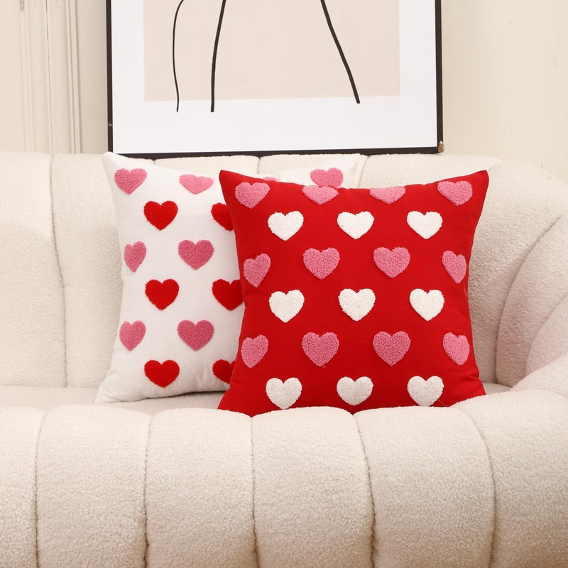 WOKANI Valentines Day Throw Pillow Covers 16x16 Set of 2 Heart Love Couples Decorations Embroidery Cushion Covers Home Decor for Couch Lover Girlfriend Sofa Bedroom, White Red Pink - Image 1