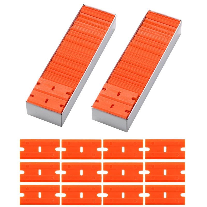 FOSHIO Plastic Razor Blades 200PCS Double Edged 15 Inch Suit for Razor Blade Scraper Plastic Scraper for Remove Decals Stickers Adhesive Label and Glass Clean Orange